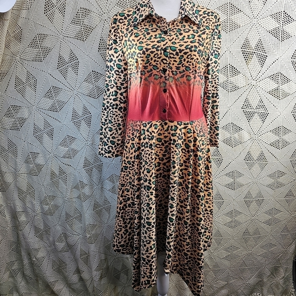 Reborn size Large mid length flowy leapord print, button front dress